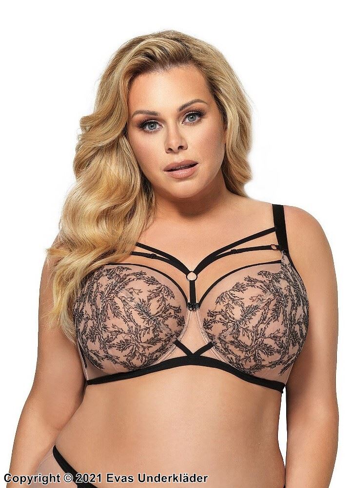 Soft cup bra, embroidery, straps over bust, rings, D to M-cup
